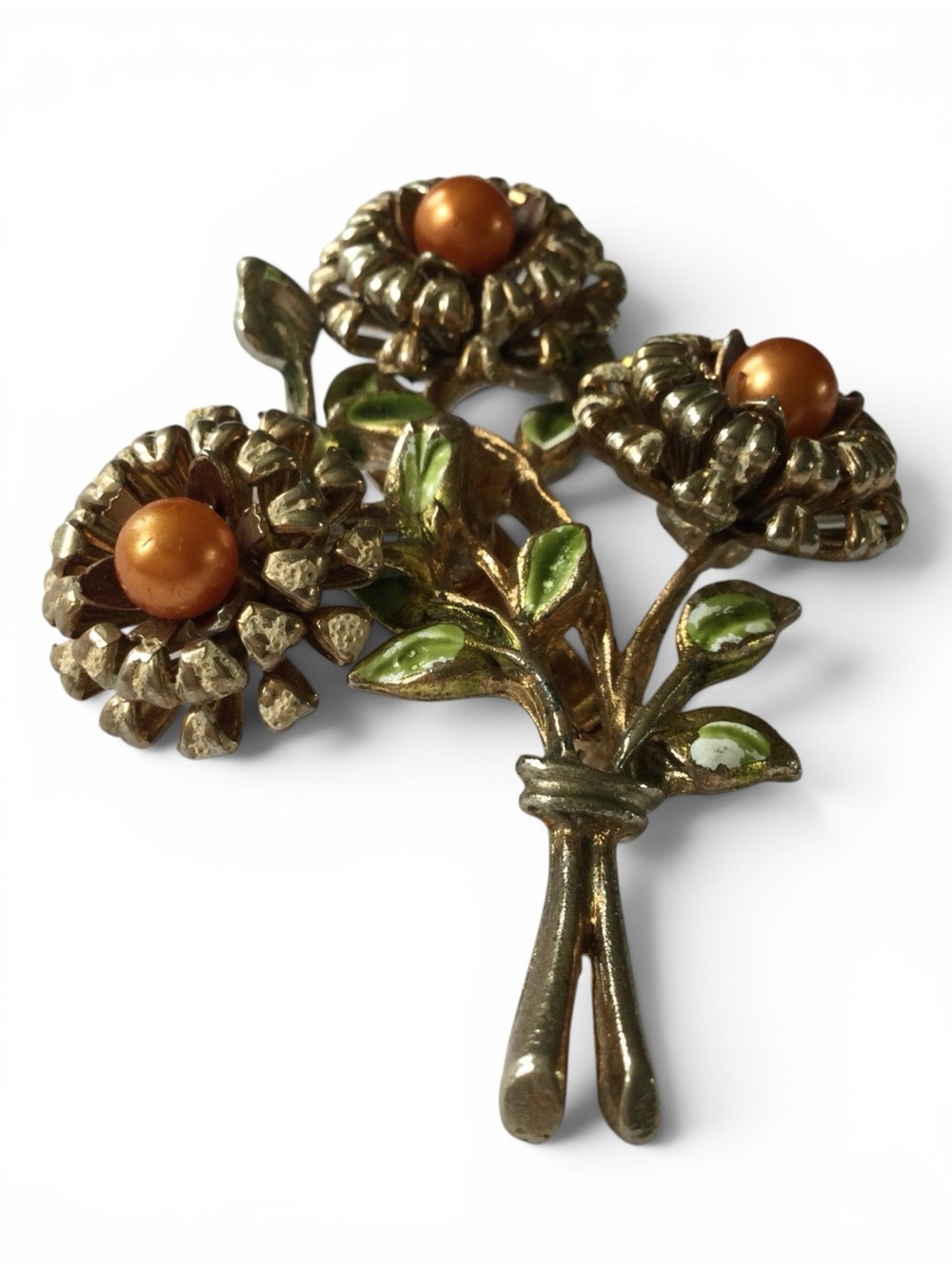 Vintage 1950s Satin Gold-Tone Floral Bouquet Brooch - Picture 6 of 10